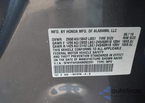 2019 Honda Pilot Ex-L из США, поврежденный, VIN 5FNYF6H5XKB092291